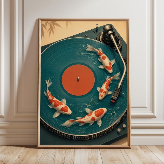 Koi Turntable Poster Teal Water Vinyl Terracotta Label Japanese Zen Wall Art