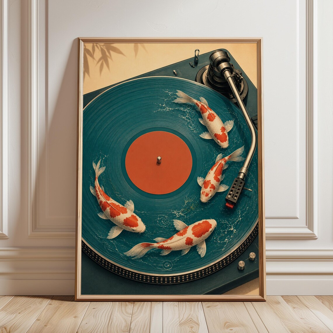Koi Fish Vinyl Record Turntable Teal Water Japanese Zen Music Room Poster