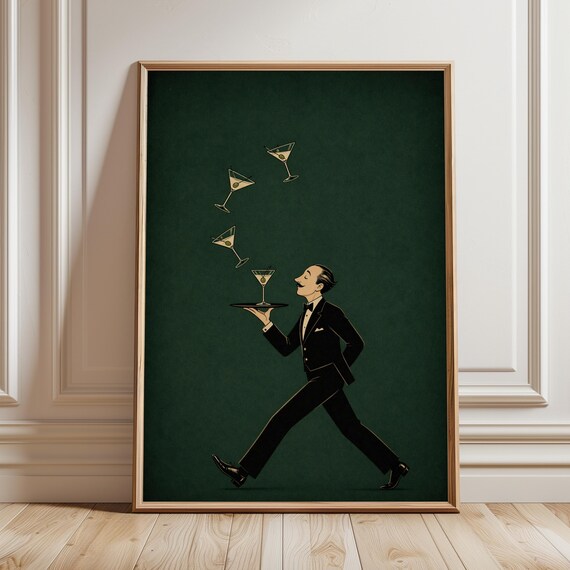 Martini Waiter Poster Art Deco Butler Emerald Bar Wall Minimal Cocktail Lounge Print