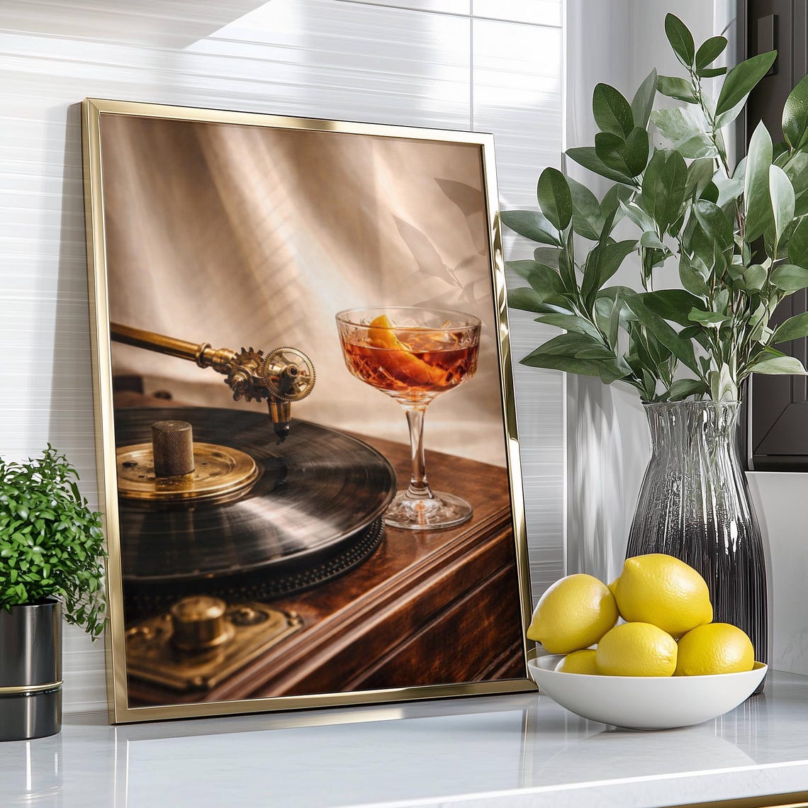 Vintage Turntable Cocktail Amber Glow Moody Music Bar Poster