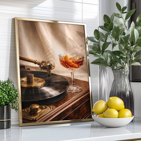 Vintage Turntable Cocktail Amber Glow Moody Music Bar Poster