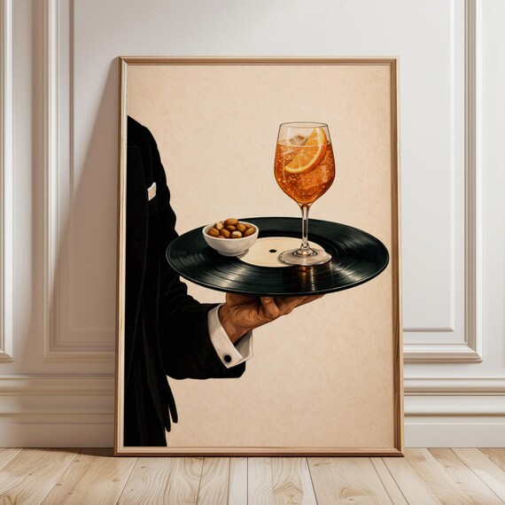 Vinyl Aperitivo Tray Poster Tuxedo Waiter Orange Spritz Glass Minimalist Retro Bar Wall Art
