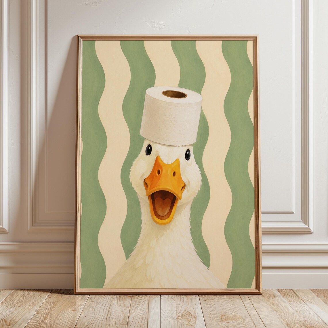 Silly Duck Wearing Toilet Paper Hat Sage Stripes Funny Bathroom Poster