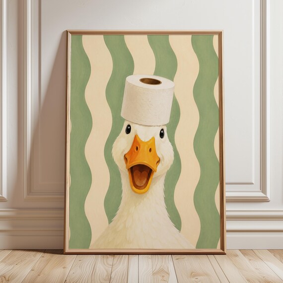 Silly Goose Bathroom Poster Toilet Paper Hat Sage Stripes Funny Wall Art