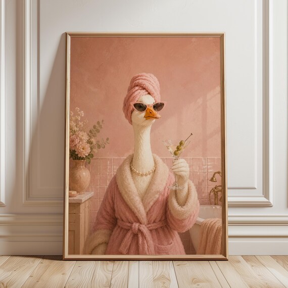 Spa Goose Poster Pink Bathrobe Martini Bathroom Wall Art Playful Luxury Decor