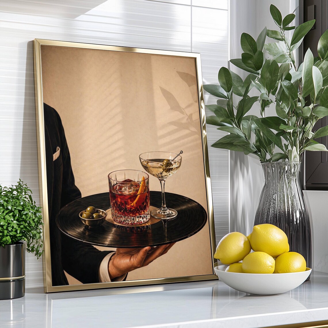 Vinyl Cocktail Service Art Print, Martini and Old Fashioned