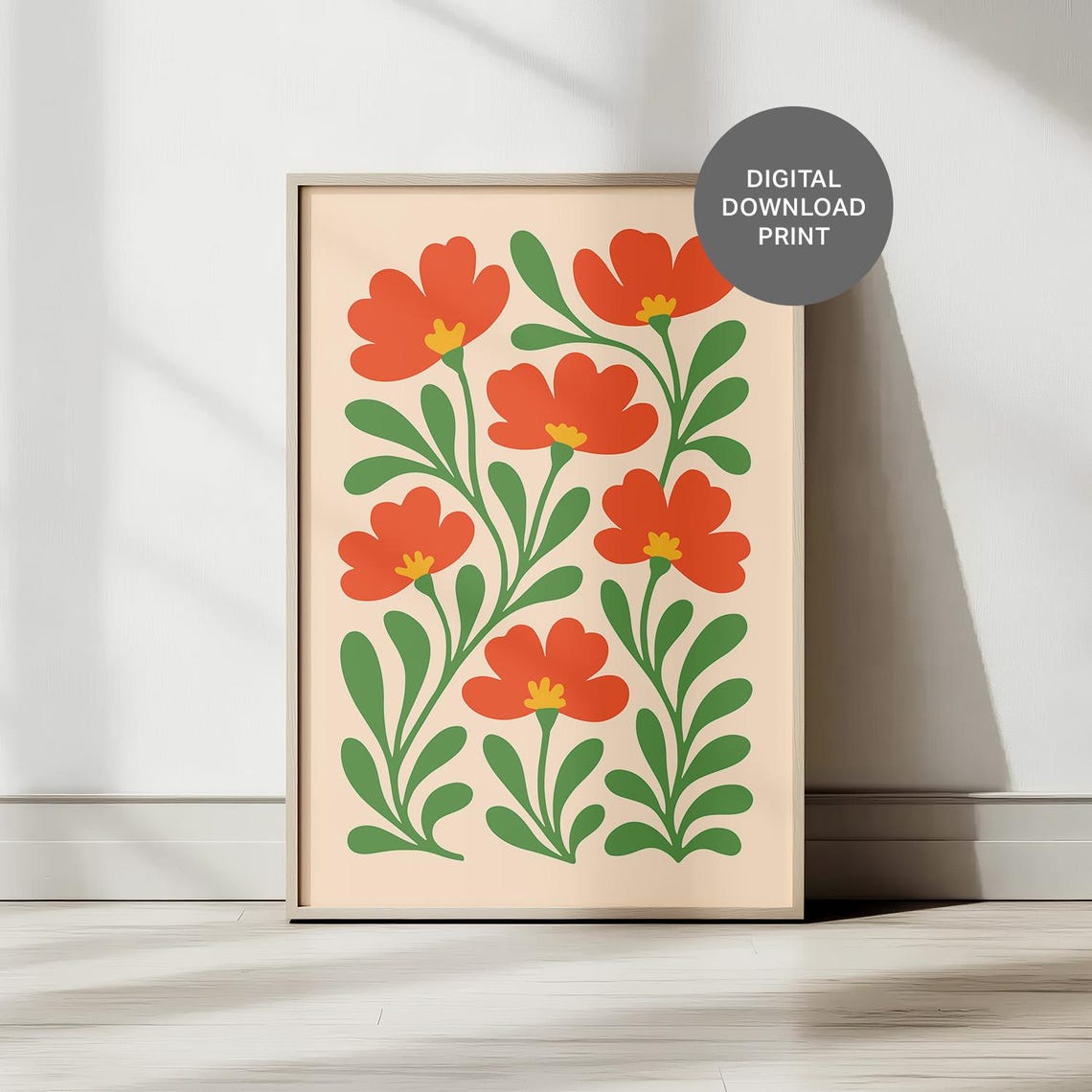 Cheerful Red Folk Art Flowers on Warm Cream Botanical Poster