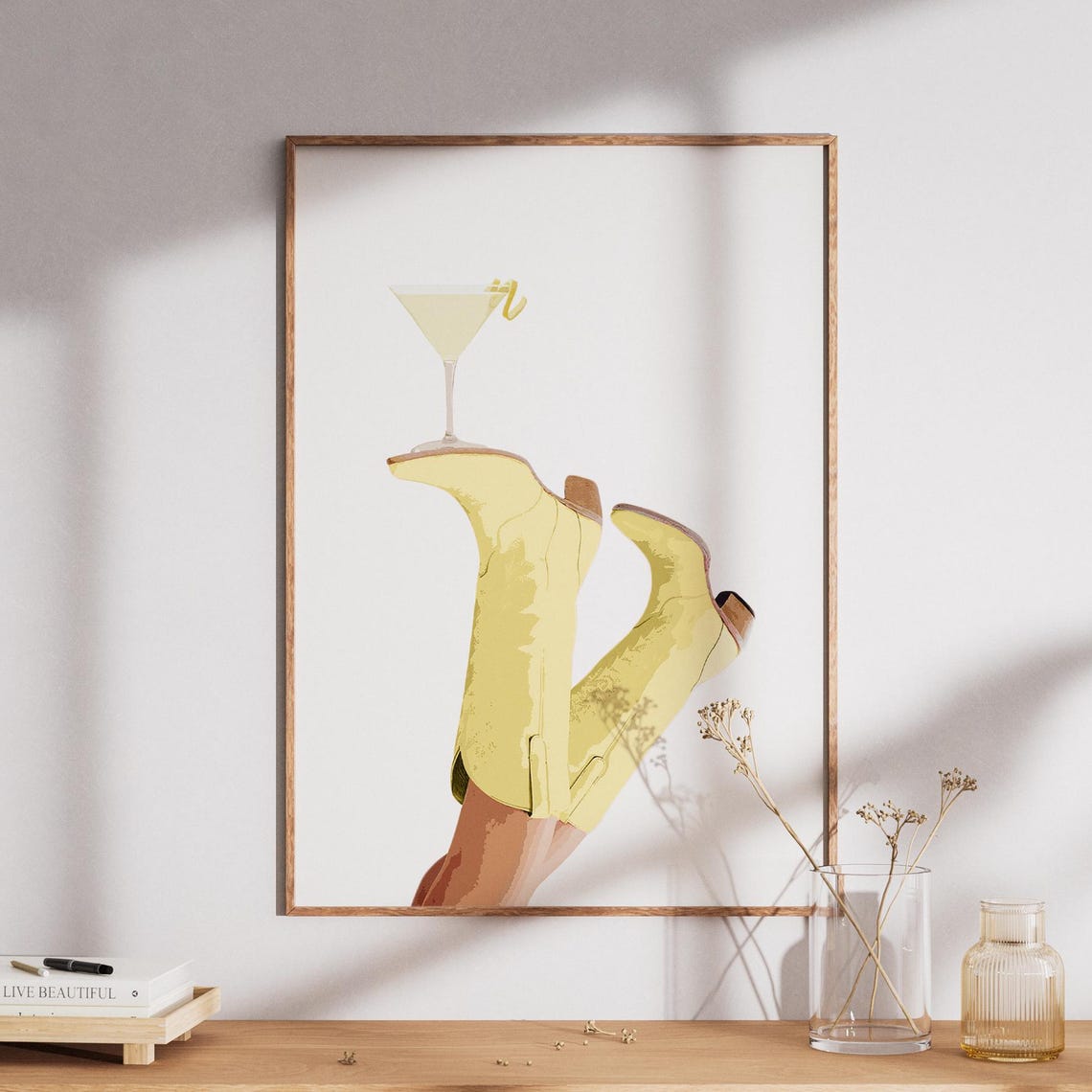 Yellow Cowboy Boots Balancing Martini Glass Western Chic Poster