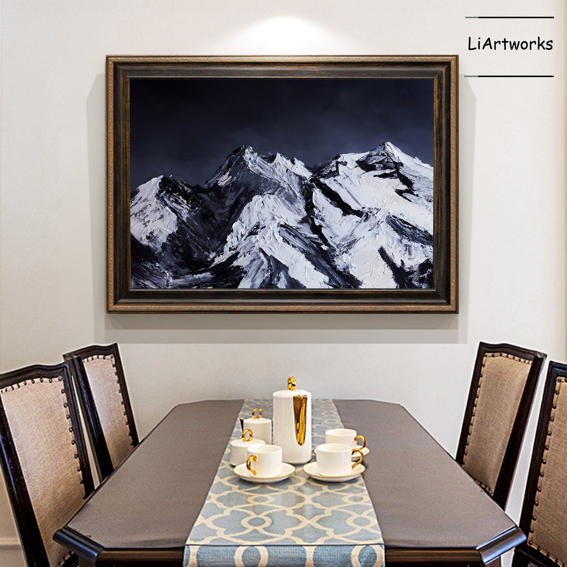 Black and White Snowcapped Mountain Peaks Dramatic Night Sky Poster - Image 2