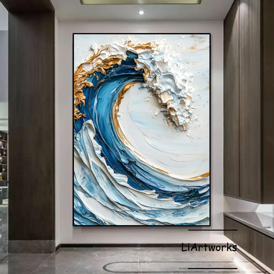 Blue Ocean Wave With Gold Crest White Foam Impasto Art Poster - Image 4