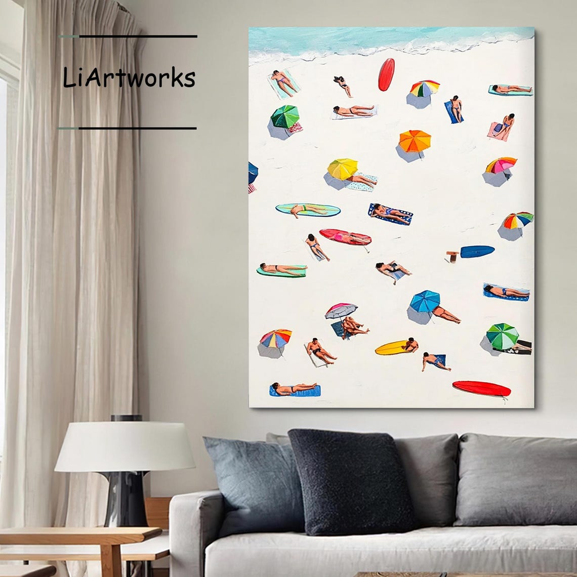Aerial Beach Sunbathers Colorful Umbrellas Summer Fun Art Poster - Image 3