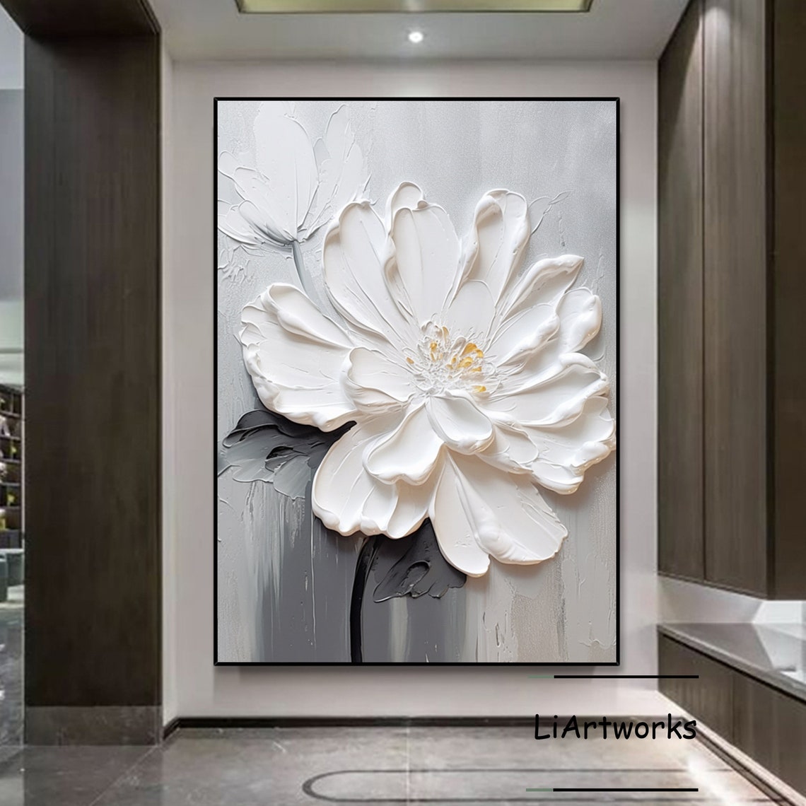 White Peony With Gold Stamens On Gray Textured Floral Art Poster - Image 4