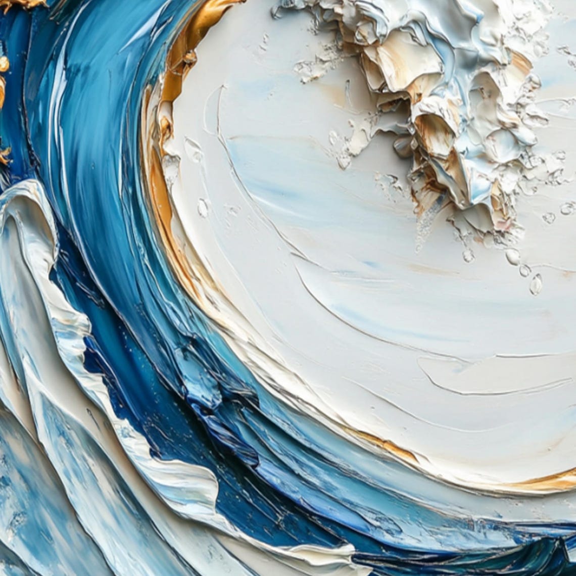 Blue Ocean Wave With Gold Crest White Foam Impasto Art Poster - Image 2