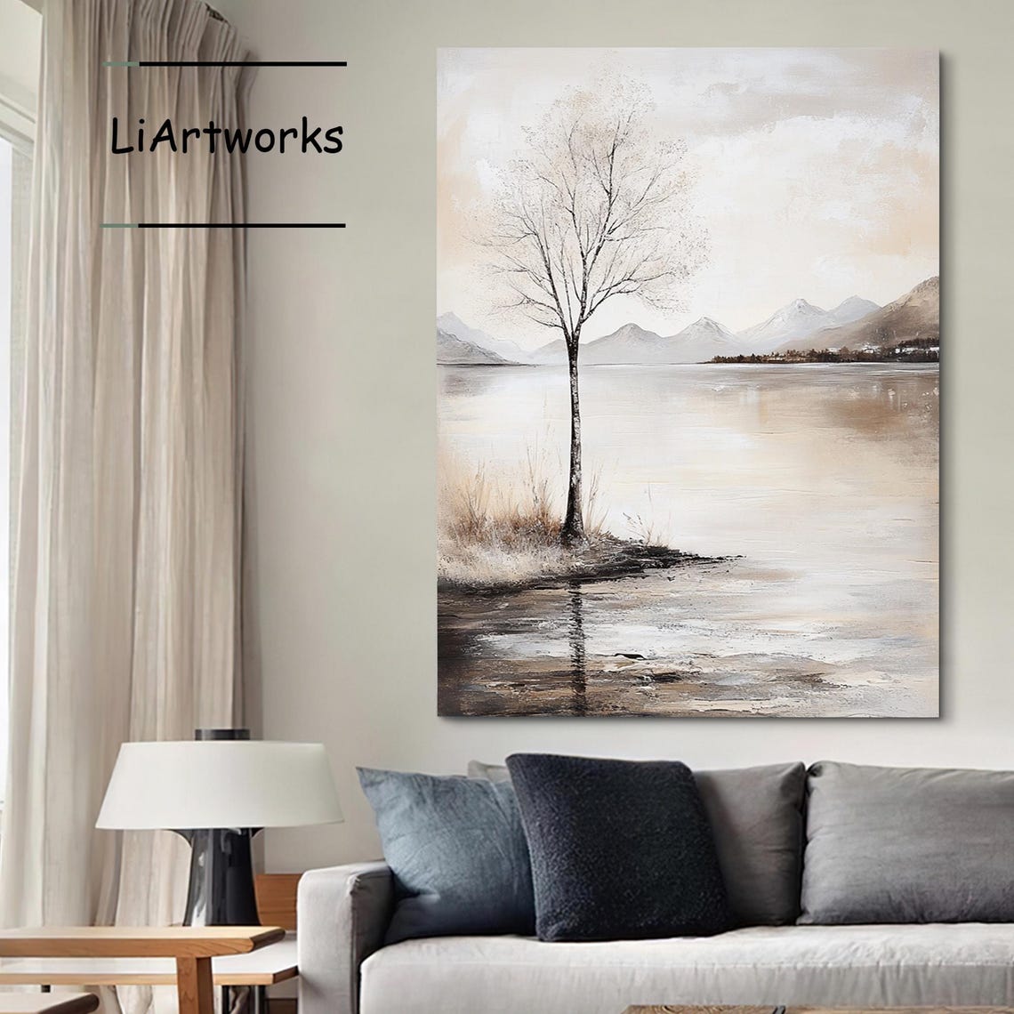 Lone Bare Tree by a Calm Reflective Lake With Distant Mountains Poster - Image 3