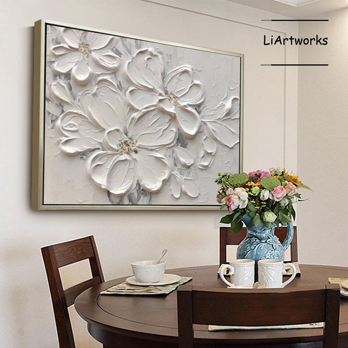 Large Abstract Flower Oil Painting On White 3d Floral Painting Flower Acrylic Painting Heavy Textured Flower Art Floral Wall Decor - Image 3