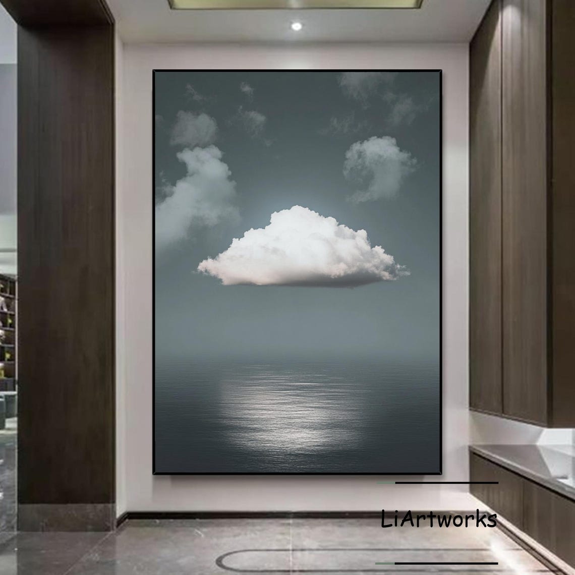 White Cloud Over Dark Sea Gray Sky Minimalist Art Wall Poster - Image 4
