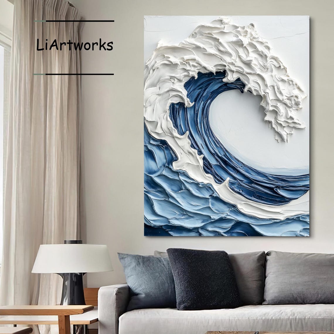 Blue White Ocean Wave Sculptural Impasto Surf Art Wall Poster - Image 3