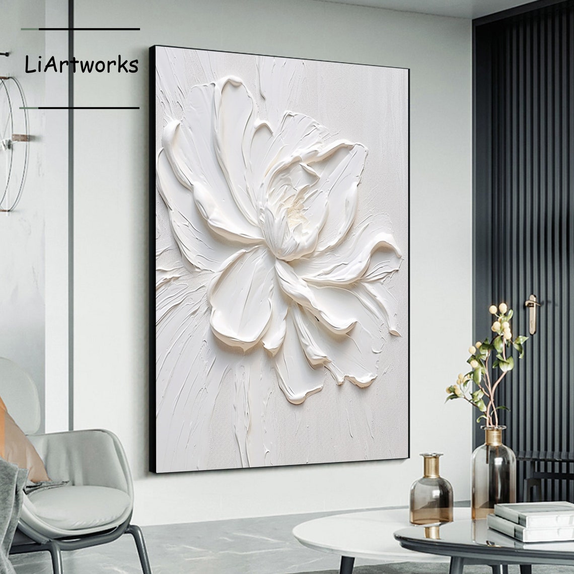 All White Flower 3D Sculptural Relief Minimalist Bloom Poster - Image 4