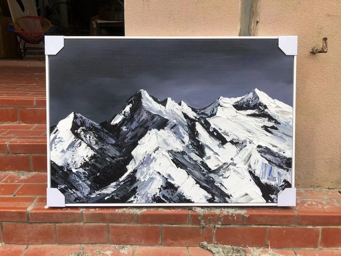 Black and White Snowcapped Mountain Peaks Dramatic Night Sky Poster - Image 4