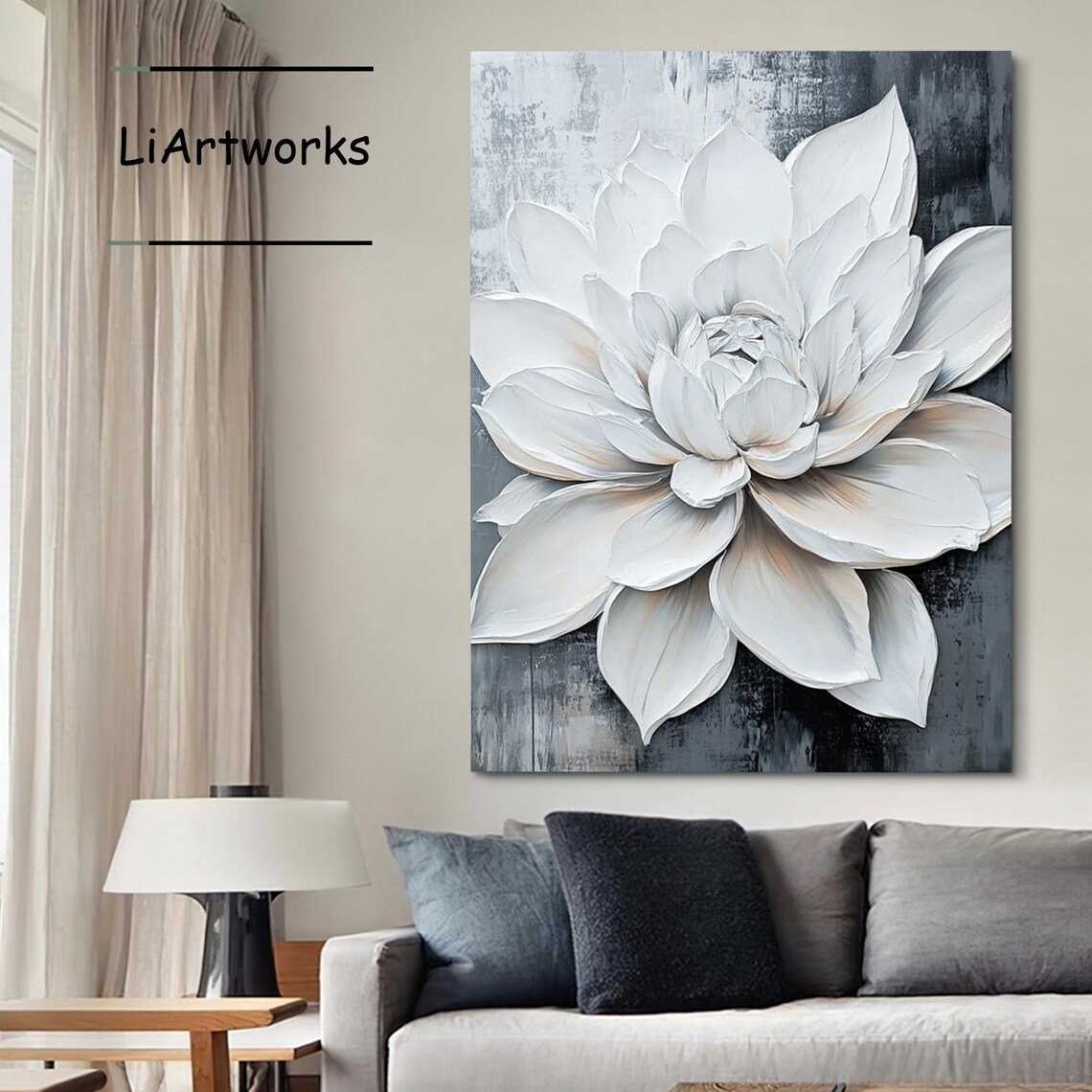 White Blossom Impasto Texture On Dark Gray Floral Art Poster - Image 3