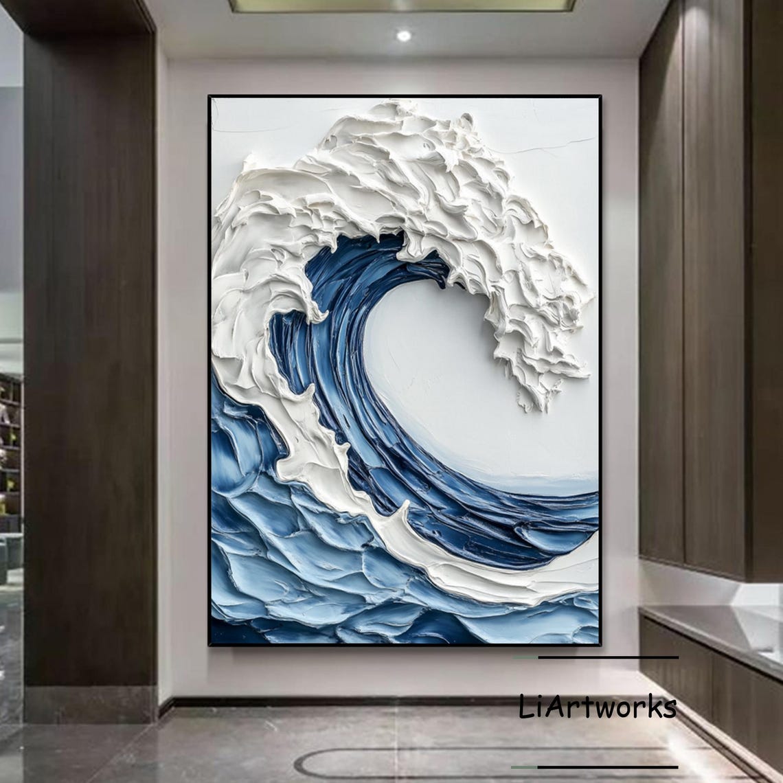 Blue White Ocean Wave Sculptural Impasto Surf Art Wall Poster - Image 4