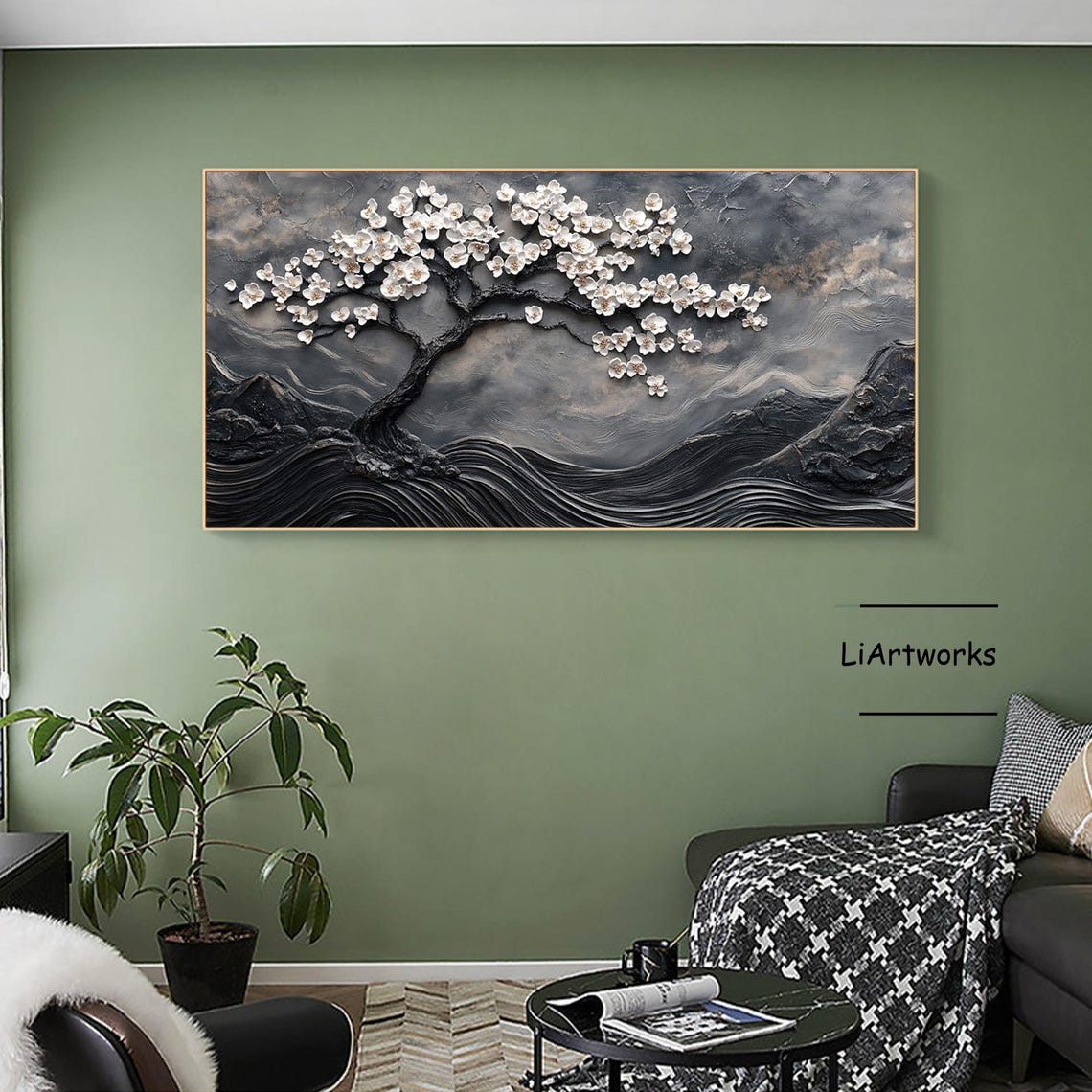 Monochrome Blossoming Tree Over Rolling Stylized Waves Art Poster - Image 3
