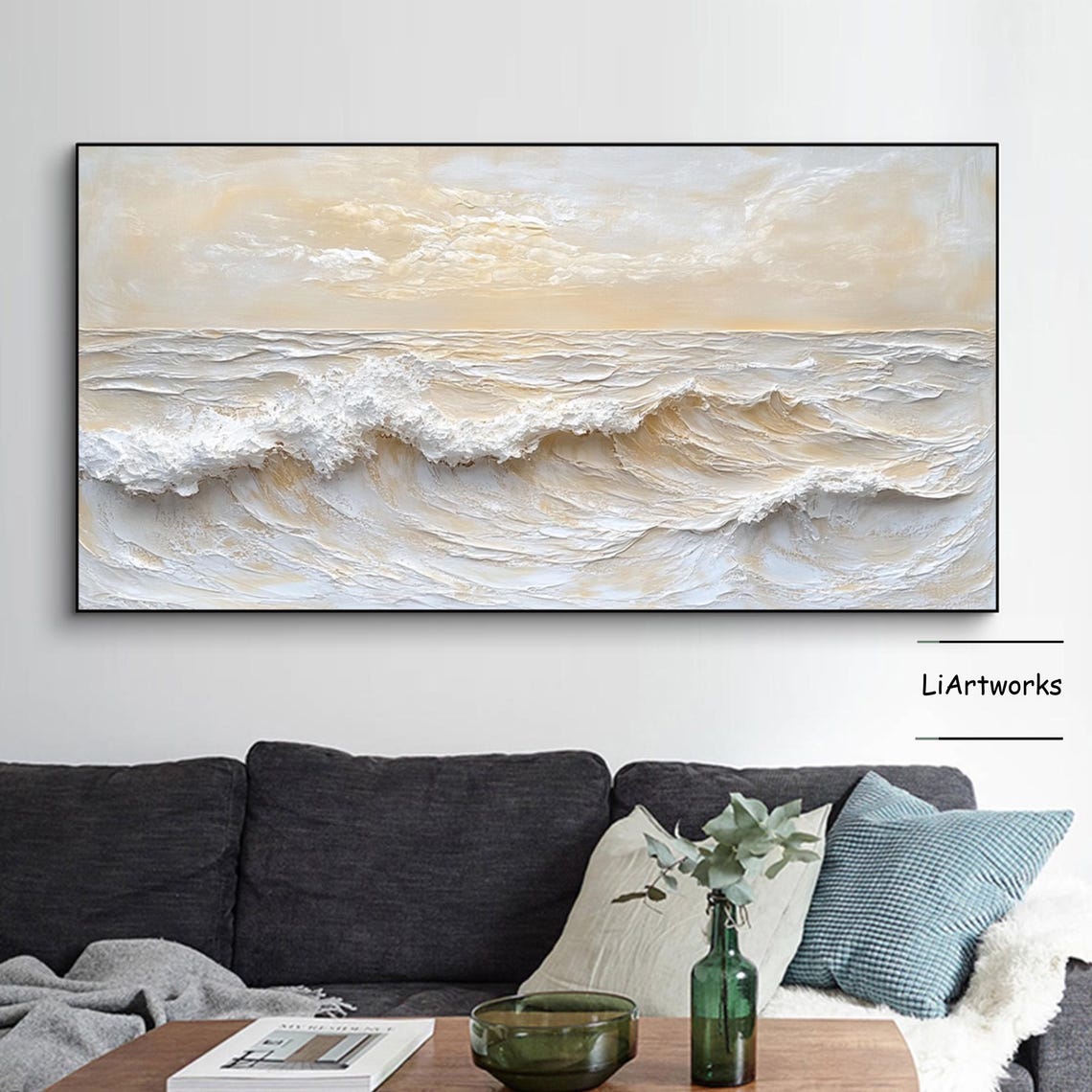 Beige Ocean Waves With White Foam Textured Coastal Art Poster - Image 2