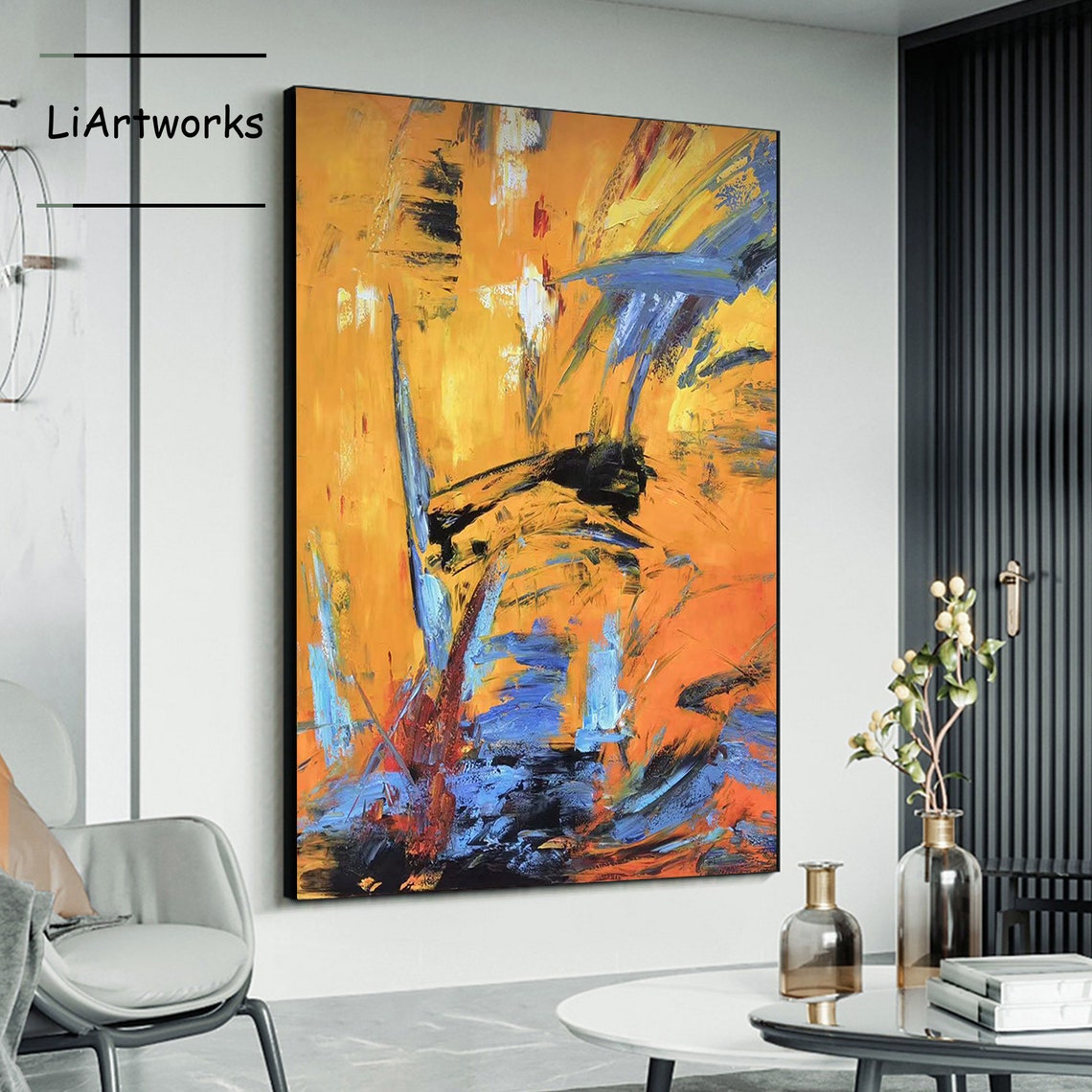 Fiery Orange Abstract With Blue And Black Dynamic Strokes Poster - Image 4