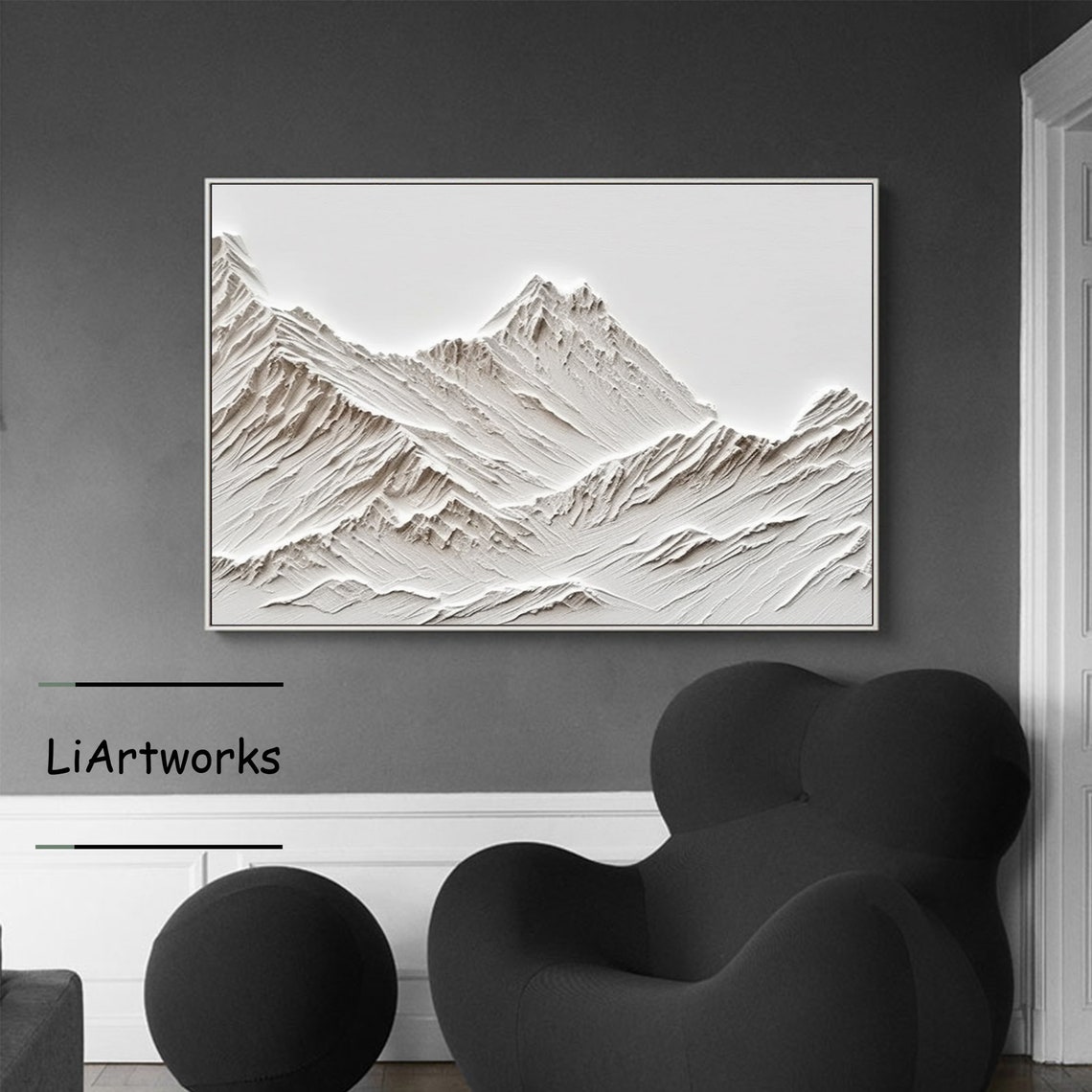 White 3D Textured Mountain Relief Sculptural Minimalist Art Poster - Image 4