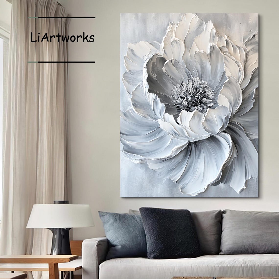 Large Gray And White Swirling Flower 3D Textured Bloom Poster - Image 3