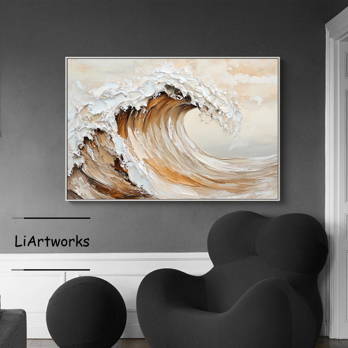 Amber Toned Curling Ocean Wave With Thick White Foam Art Poster - Image 4
