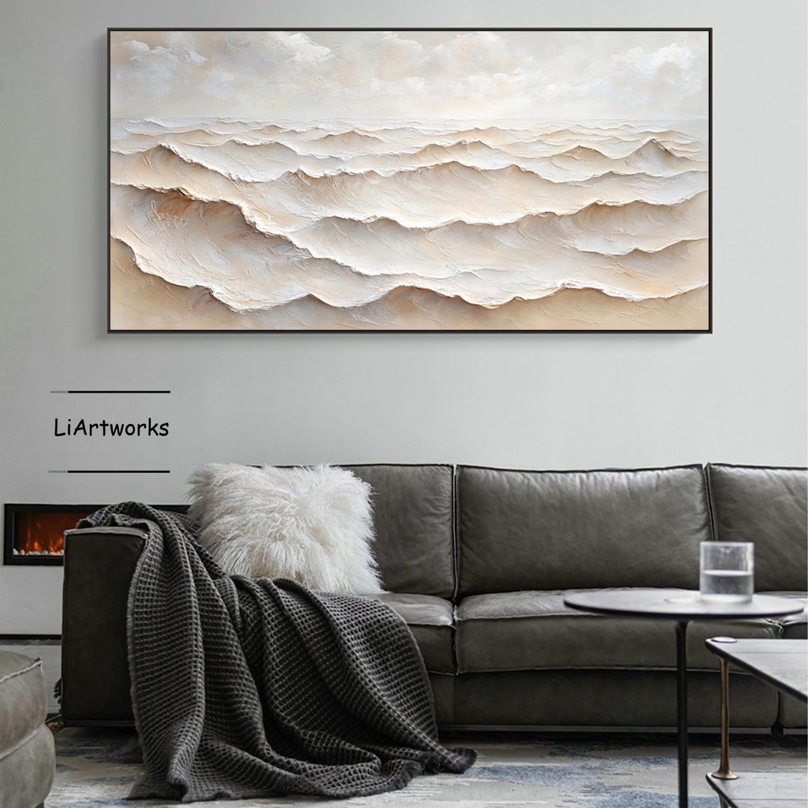 Soft White Rolling Waves Layered Textured Calm Ocean Art Poster - Image 4