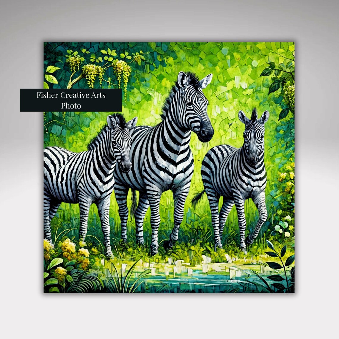 Three Zebras in Lush Green Jungle Impressionist Art Wall Art