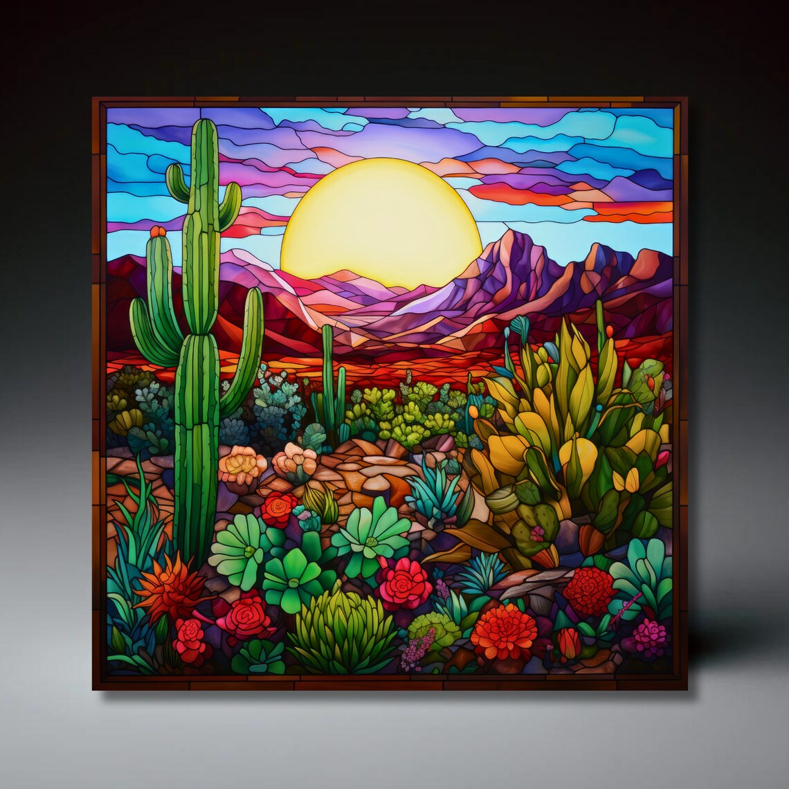 Southwest Sunset Cactus, Stained Glass Effect Art Print