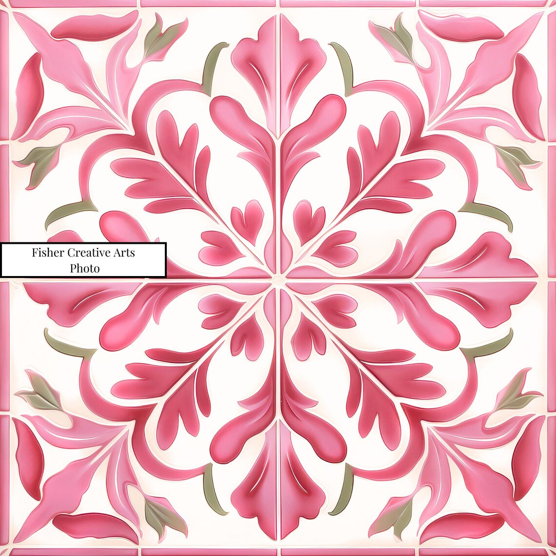 Spanish Azulejo Tile Art Print, Pink and White Decor - Image 4