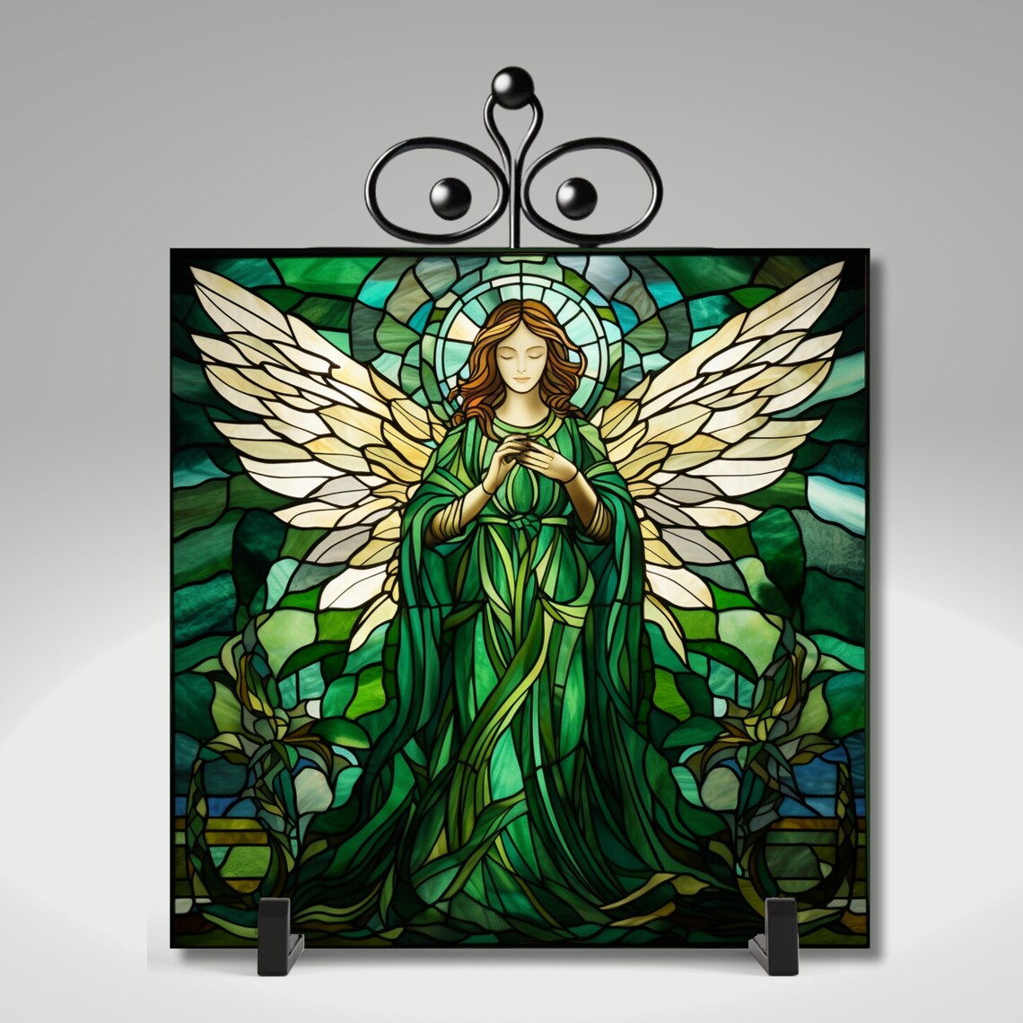 Emerald Green Stained Glass Angel Praying Religious Wall Art - Image 5