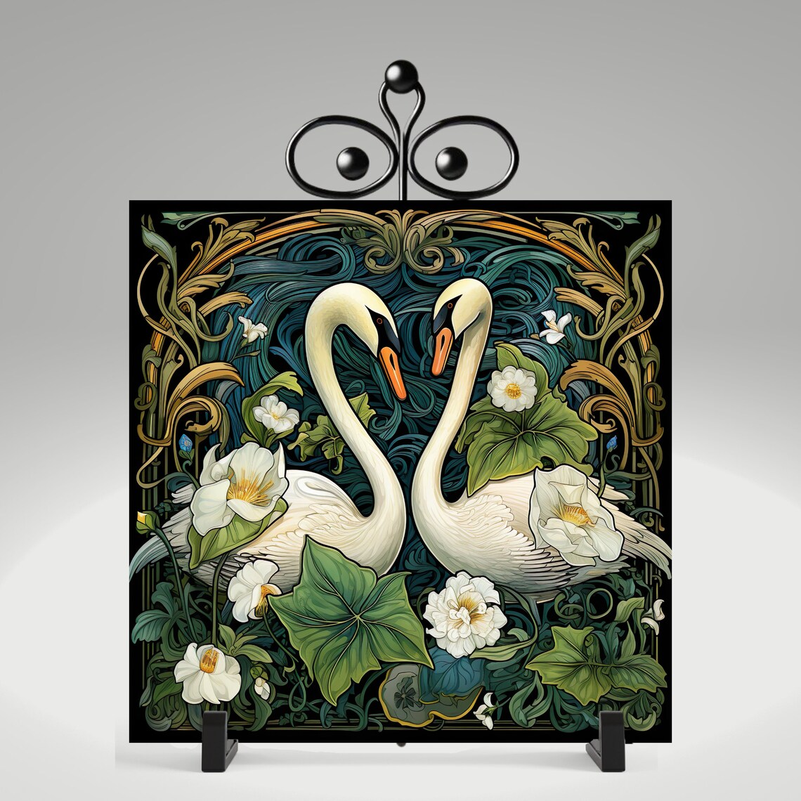 Art Nouveau Botanical Swans Ceramic Tile Print - Image 5