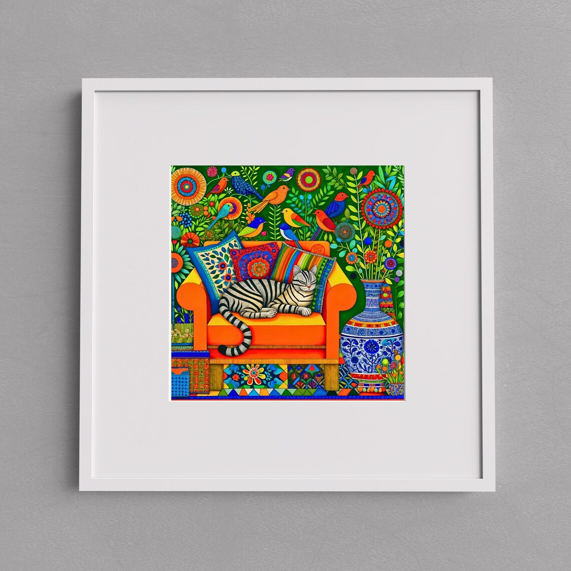 Mexican Folk Art Ceramic Tile, Cat Lover Boho Wall Art Print - Image 3