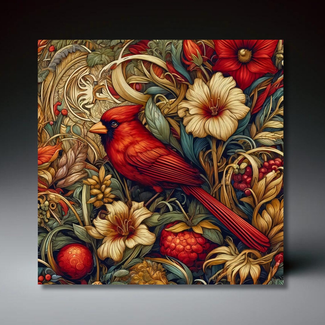 William Morris-Inspired Red Cardinal Nouveau Art Print
