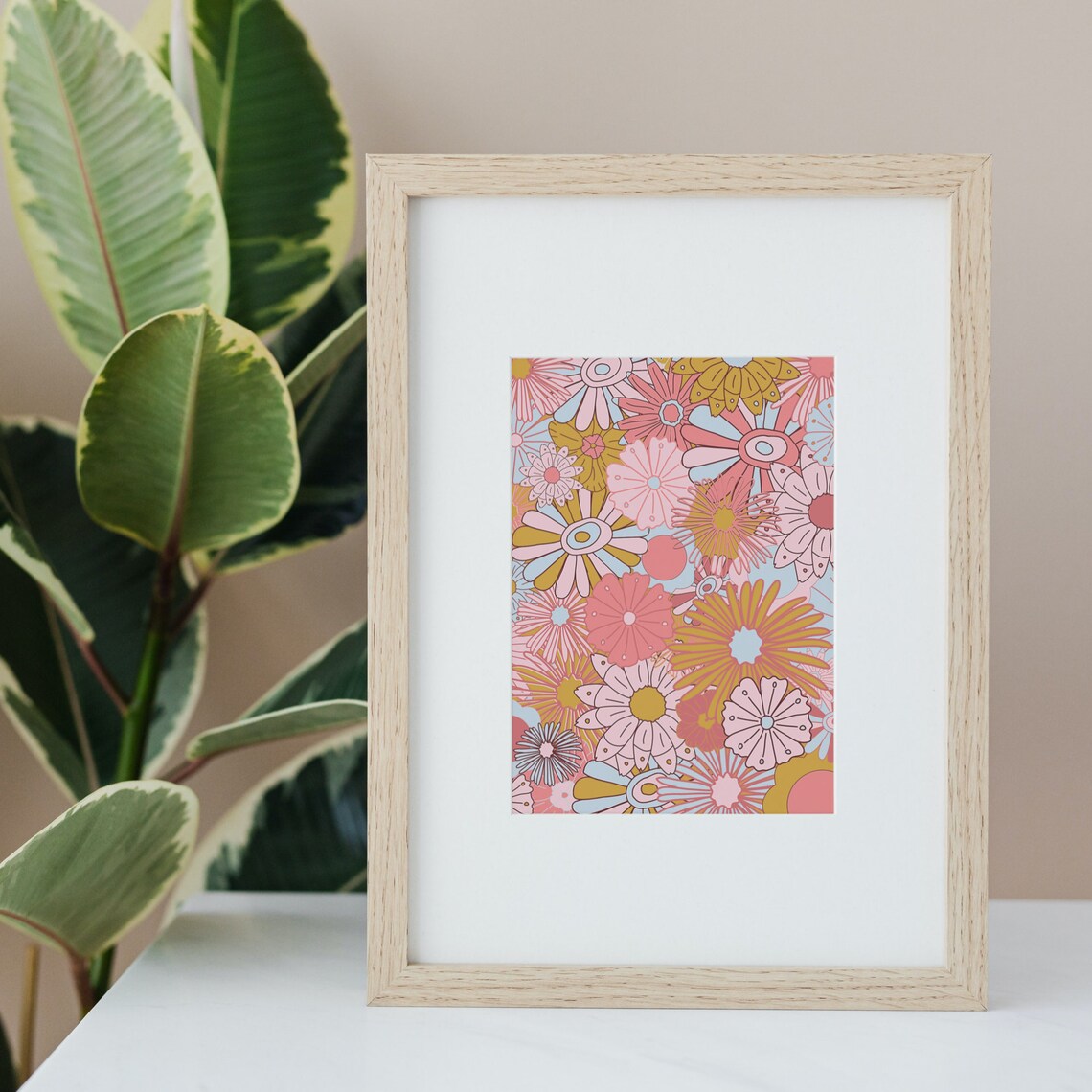 Retro 60s 70s Pink Blue Floral Wall Art Print - Image 3