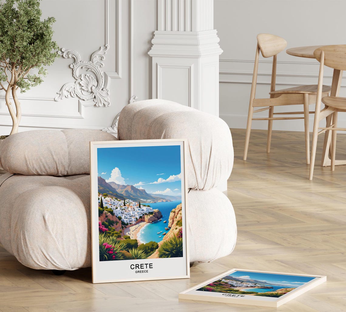 Crete Greece Whitewashed Cliff Village Beach Cove Mountain Poster - Image 3
