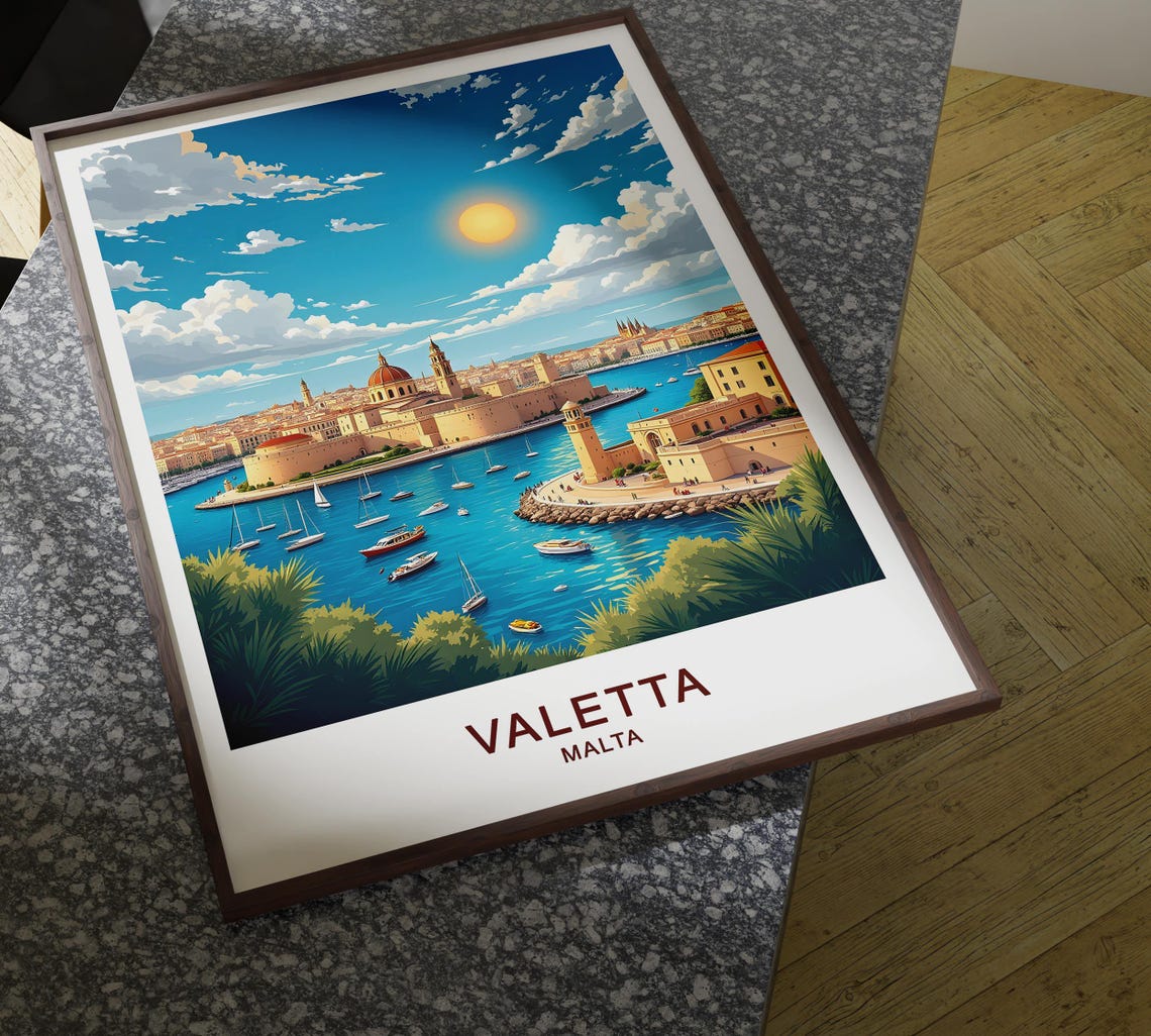 Valletta Malta Grand Harbor Forts Sailboats Sunny Skyline Poster - Image 4