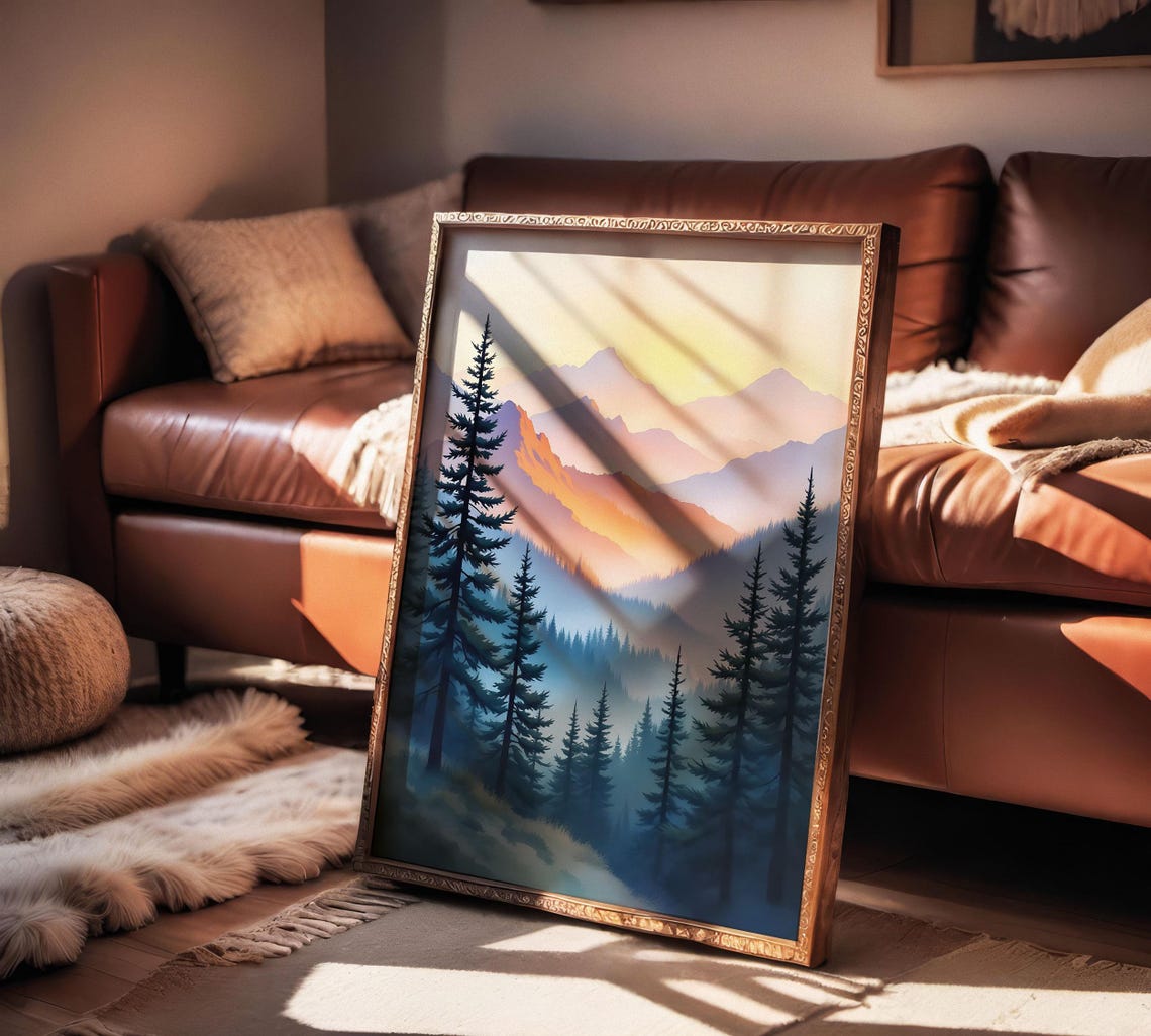 Misty Mountain Forest Enchanted Pines Crimson Sky Wall Art Gift Portrait - Image 2