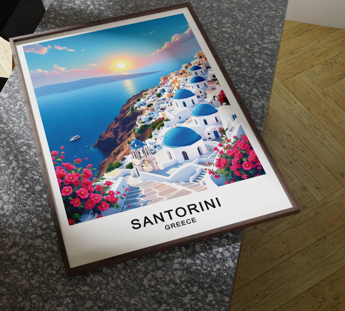 Santorini Greece Blue Domes Caldera Sunset Bougainvillea Poster - Image 4