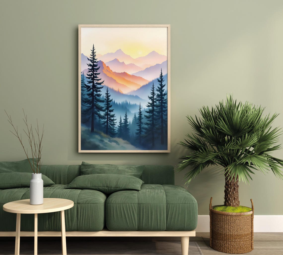 Misty Mountain Forest Enchanted Pines Crimson Sky Wall Art Gift Portrait - Image 4