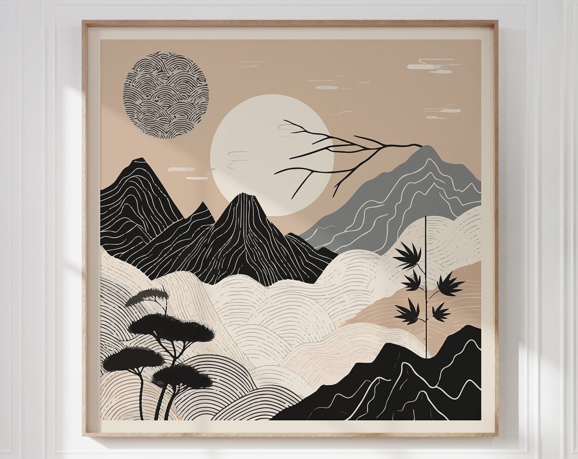 Layered Mountains Big Moon Bamboo Pastel Japanese Style Poster