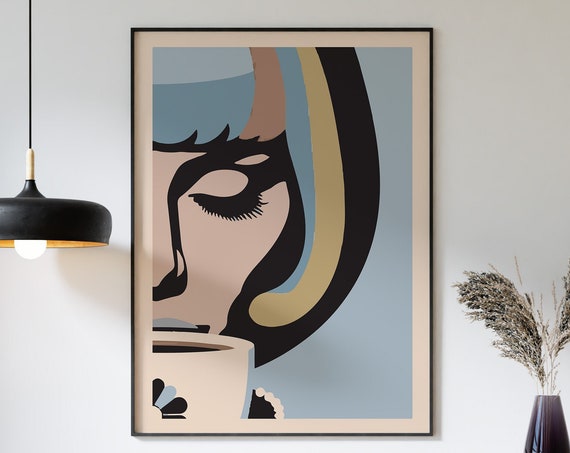 Woman With A Coffee Cup Wall Art For Cafe Decor Or Artistic Kitchen Graphic Art In Pop Art Style For Contemporary Home