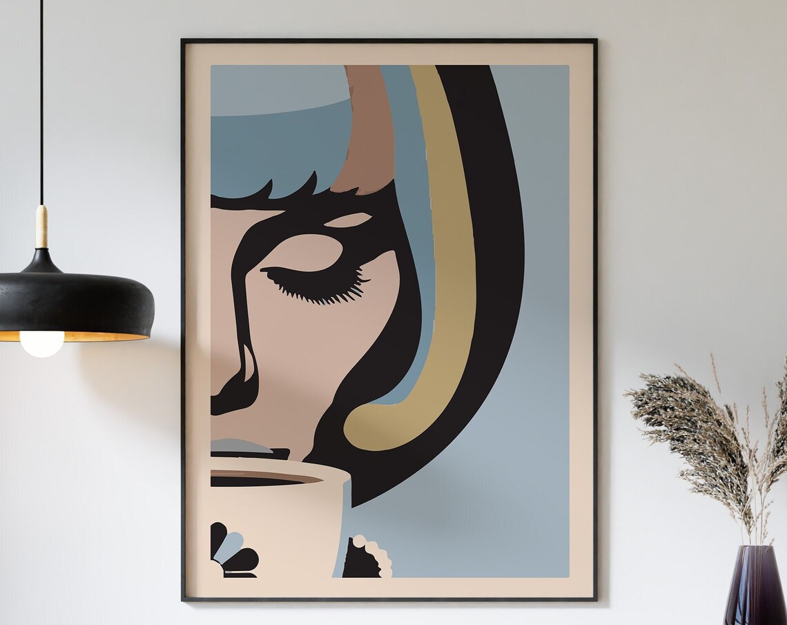 Woman Drinking Coffee Stylized Pop Art Blue Blush Modern Girl Poster