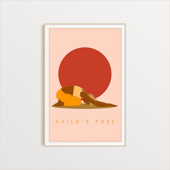 Child's Pose Retro Yoga Resting Pose Sun Circle Flat Illustration Print