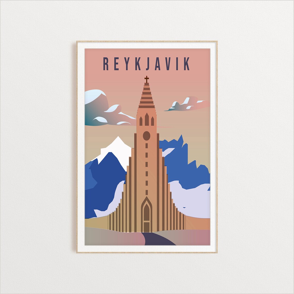 Reykjavik Vintage Travel Art Hallgrimskirkja Church Mountains Poster